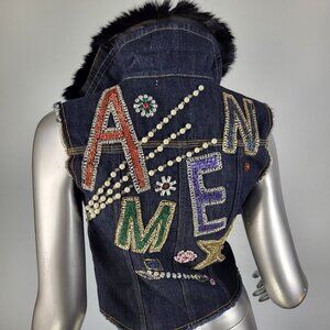 NWT~$1065~AMEN~38/XS~BLACK GENUINE REAL FUR EMBELLISHED DENIM JEAN JACKET VEST